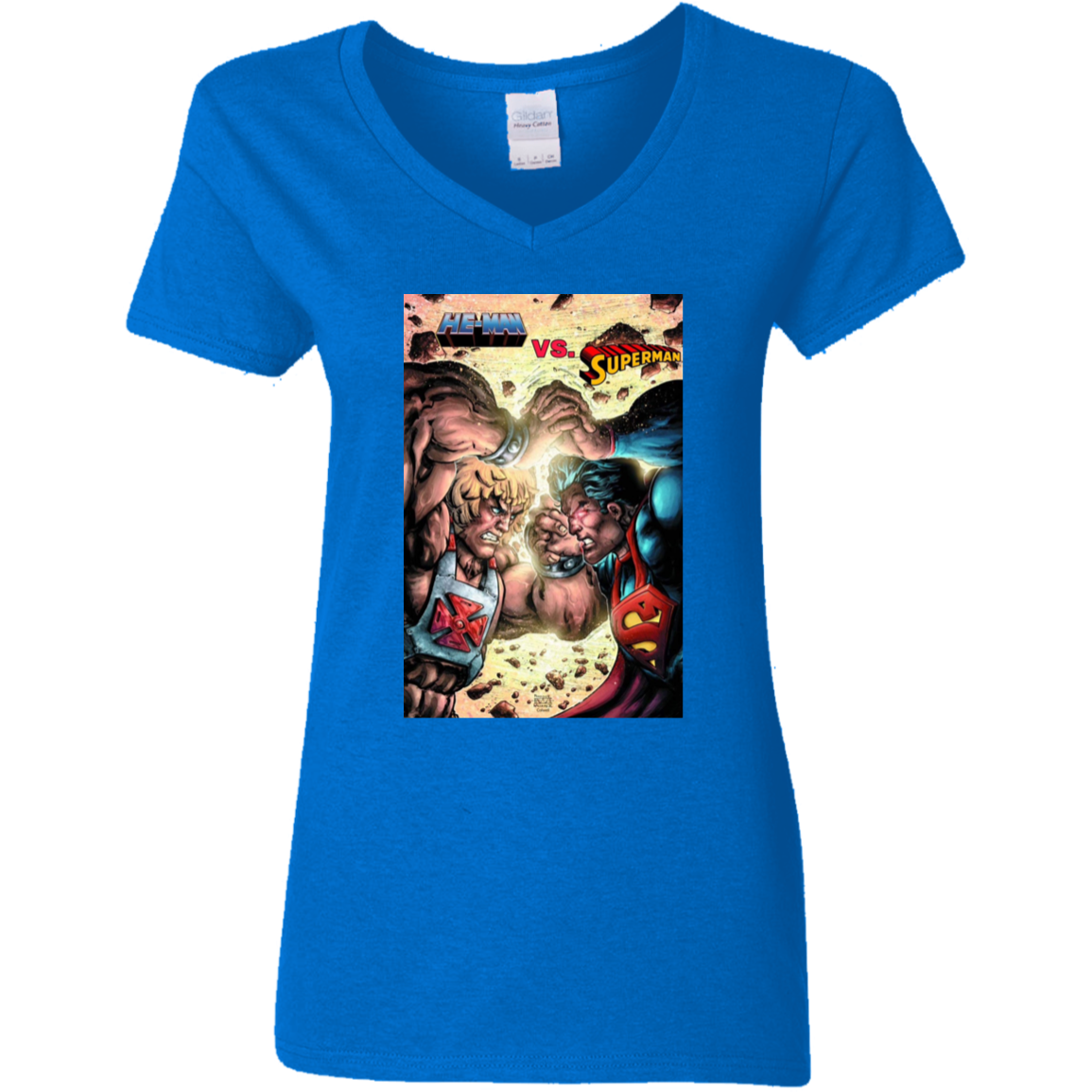 "HE-MAN VS SUPERMAN" Ladies' 5.3 oz. V-Neck T-Shirt