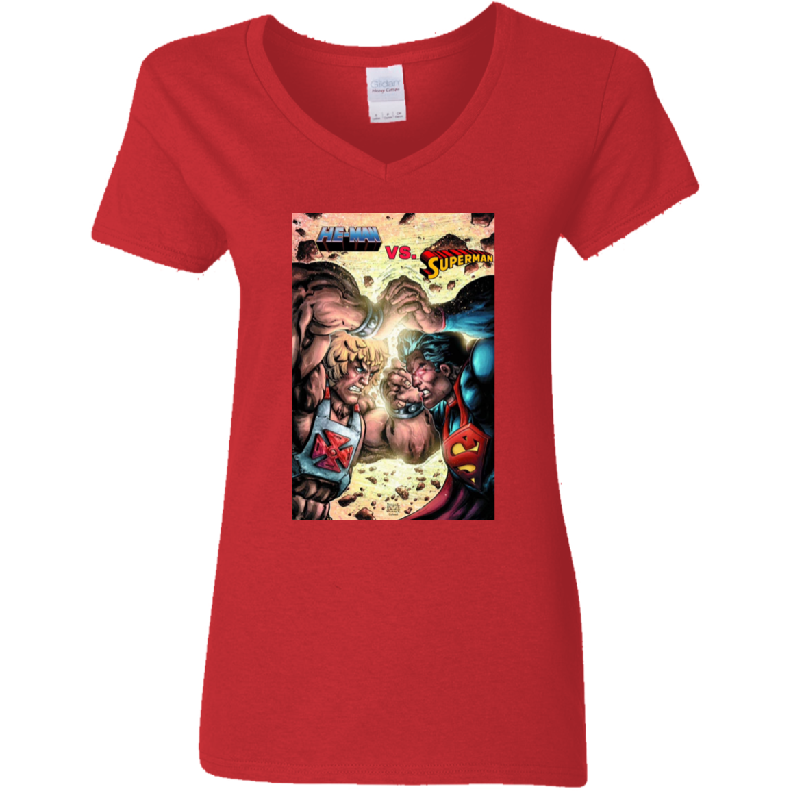 "HE-MAN VS SUPERMAN" Ladies' 5.3 oz. V-Neck T-Shirt