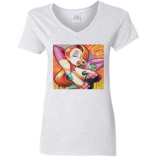 "FOLLOW THE RABBIT" Ladies' 5.3 oz. V-Neck T-Shirt