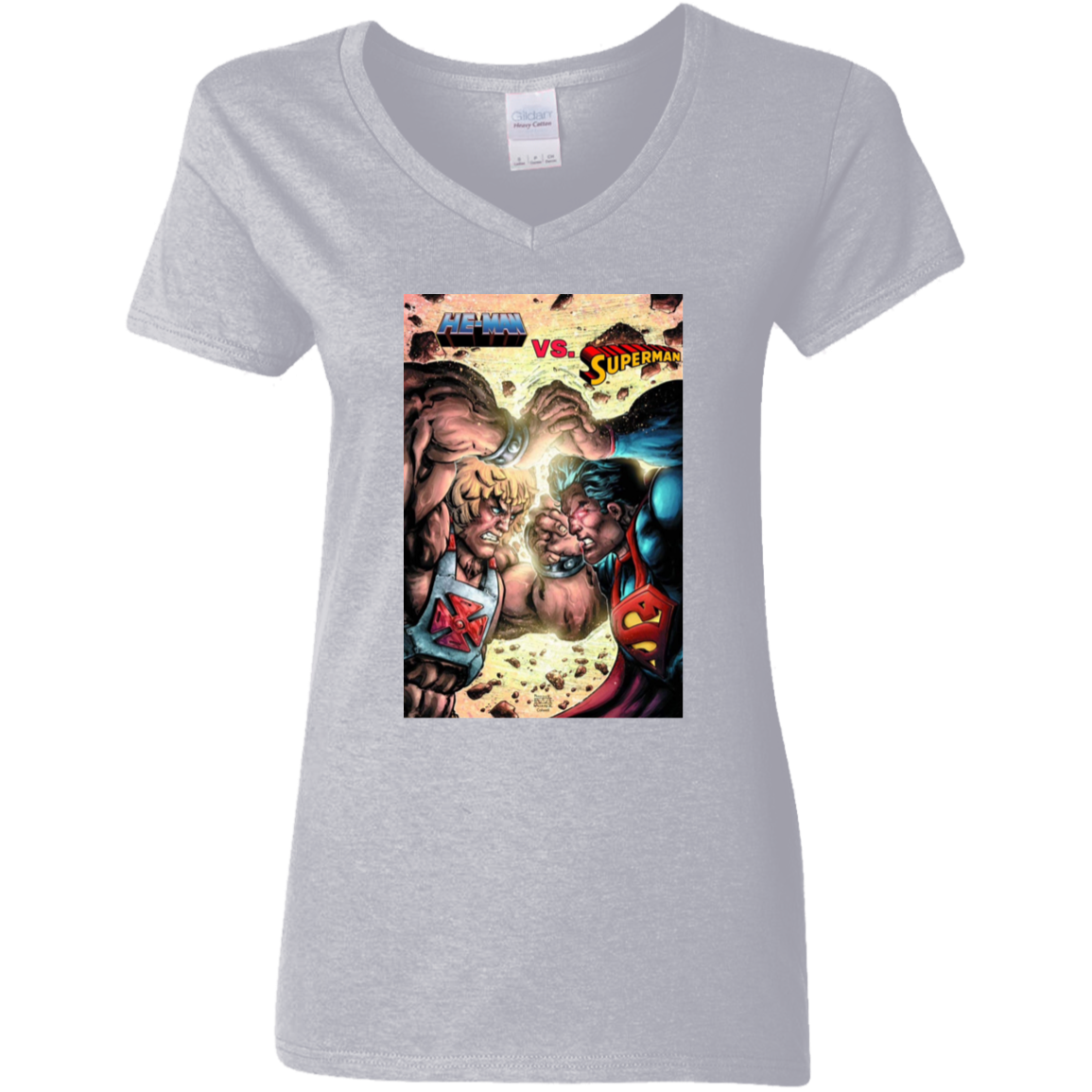 "HE-MAN VS SUPERMAN" Ladies' 5.3 oz. V-Neck T-Shirt