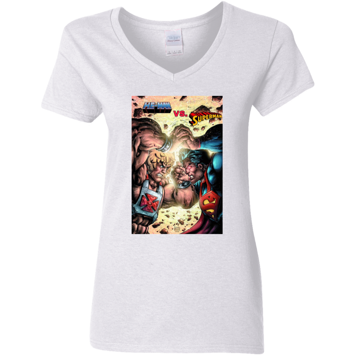 "HE-MAN VS SUPERMAN" Ladies' 5.3 oz. V-Neck T-Shirt