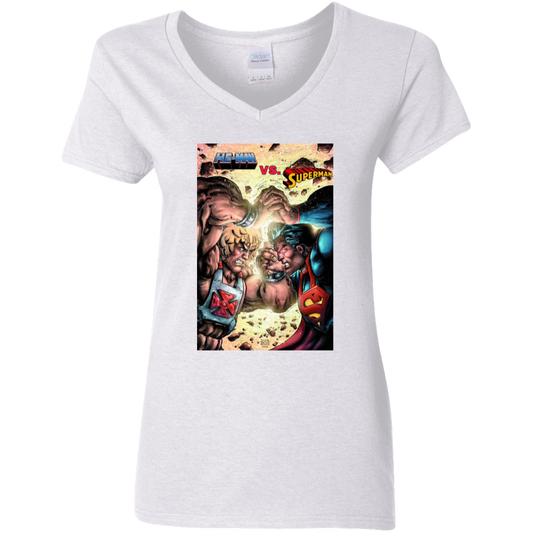 "HE-MAN VS SUPERMAN" Ladies' 5.3 oz. V-Neck T-Shirt