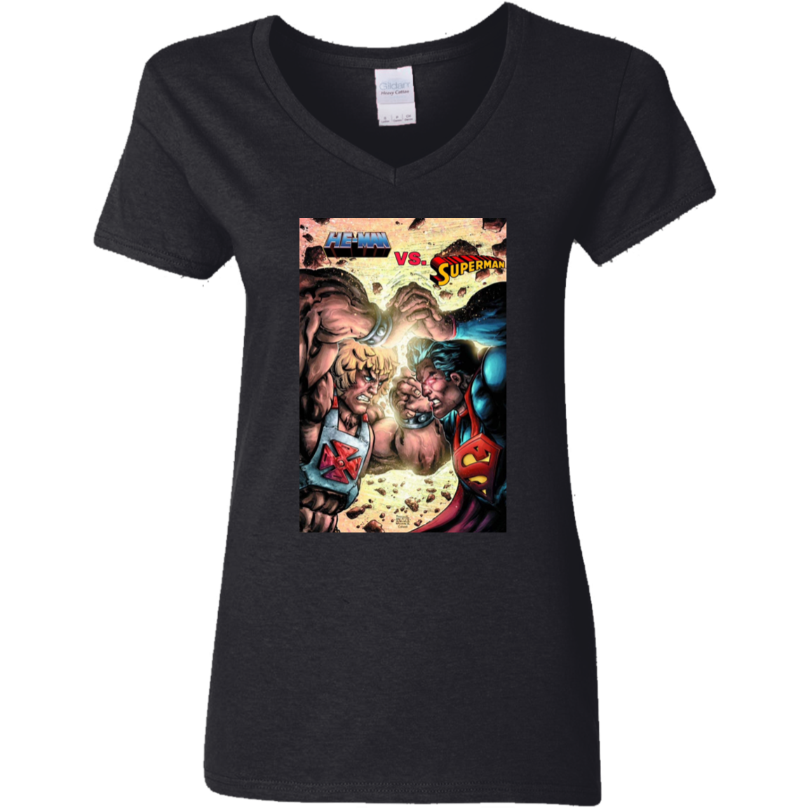 "HE-MAN VS SUPERMAN" Ladies' 5.3 oz. V-Neck T-Shirt