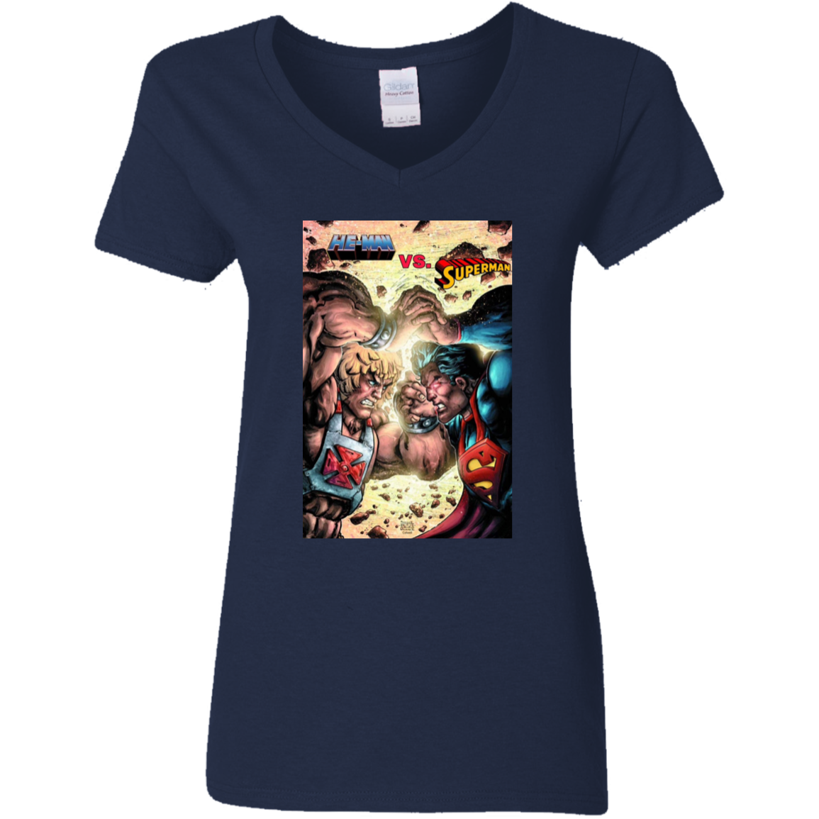 "HE-MAN VS SUPERMAN" Ladies' 5.3 oz. V-Neck T-Shirt