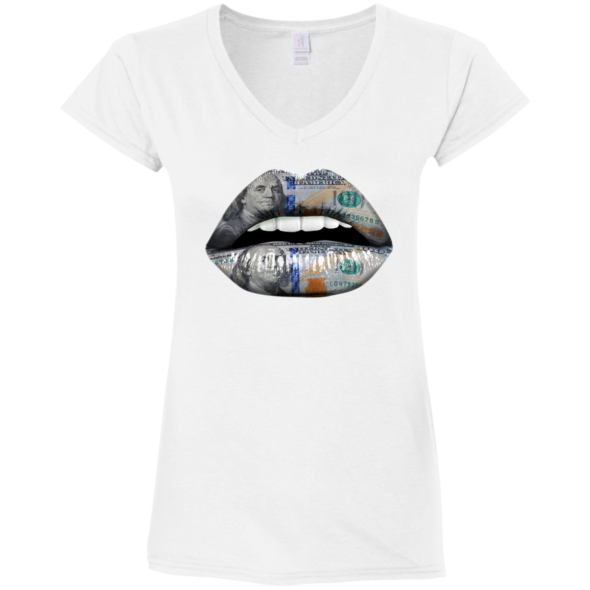 "100 DOLLAR LIPS" Ladies' Fitted Softstyle 4.5 oz V-Neck T-Shirt