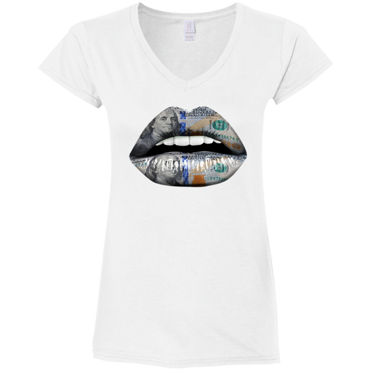 "100 DOLLAR LIPS" Ladies' Fitted Softstyle 4.5 oz V-Neck T-Shirt