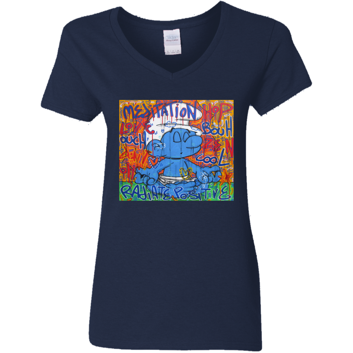 "MEDITATION SMURF" Ladies' 5.3 oz. V-Neck T-Shirt