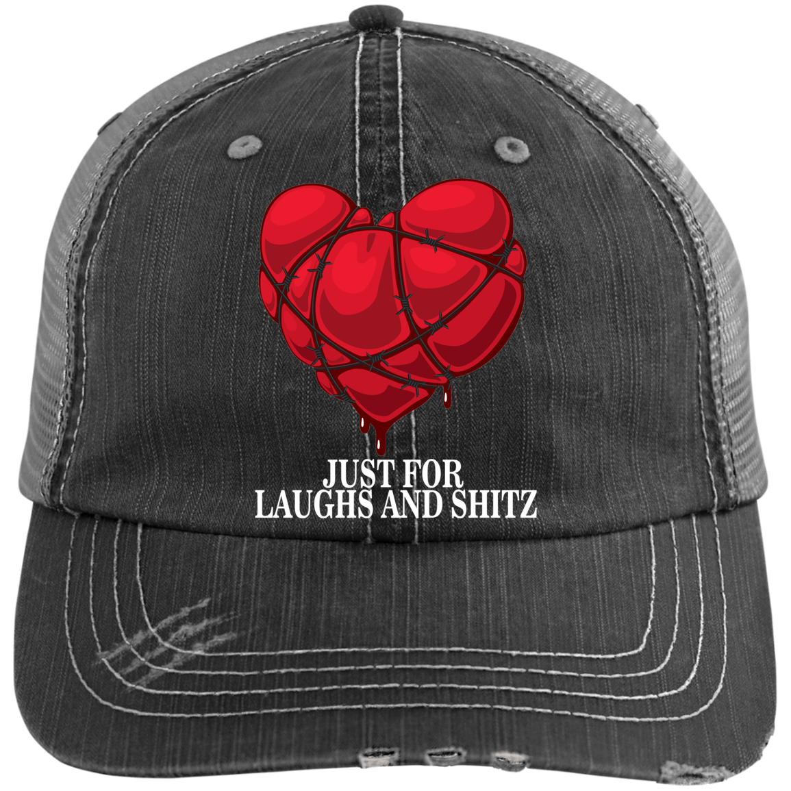 "MY BLOODY HEART" in white print Distressed Unstructured Trucker Cap