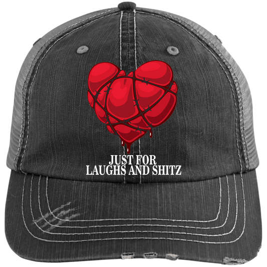 "MY BLOODY HEART" in white print Distressed Unstructured Trucker Cap