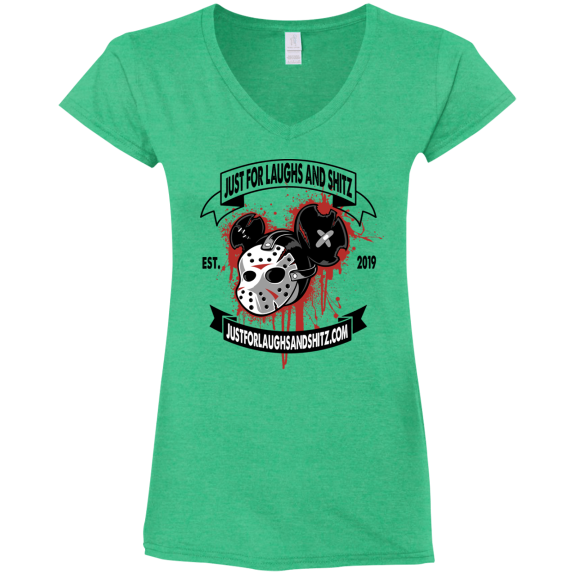 "MICKEY MASK" with black banner Ladies' Fitted Softstyle 4.5 oz V-Neck T-Shirt