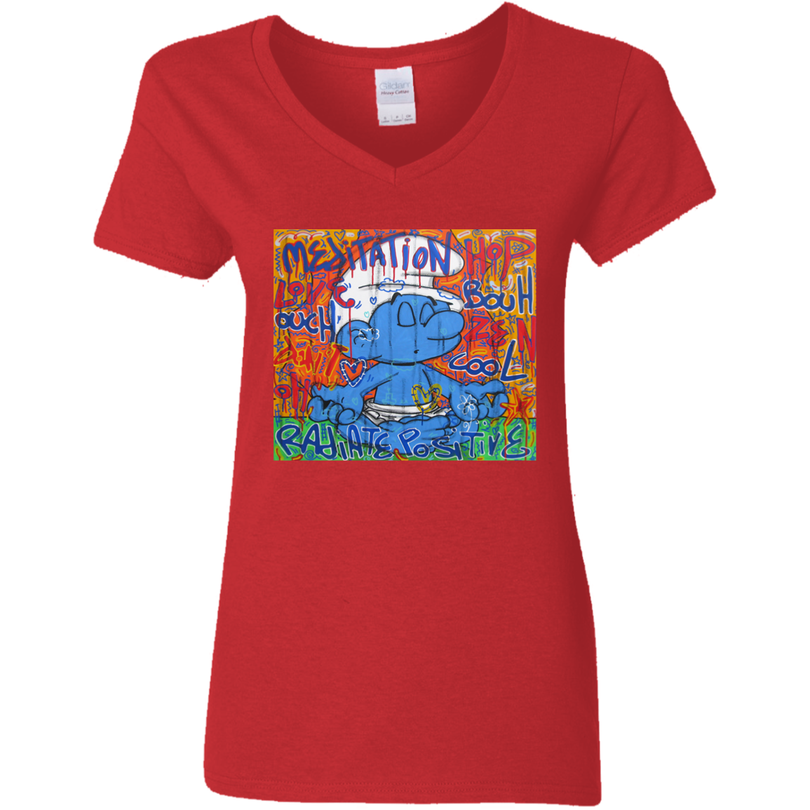 "MEDITATION SMURF" Ladies' 5.3 oz. V-Neck T-Shirt