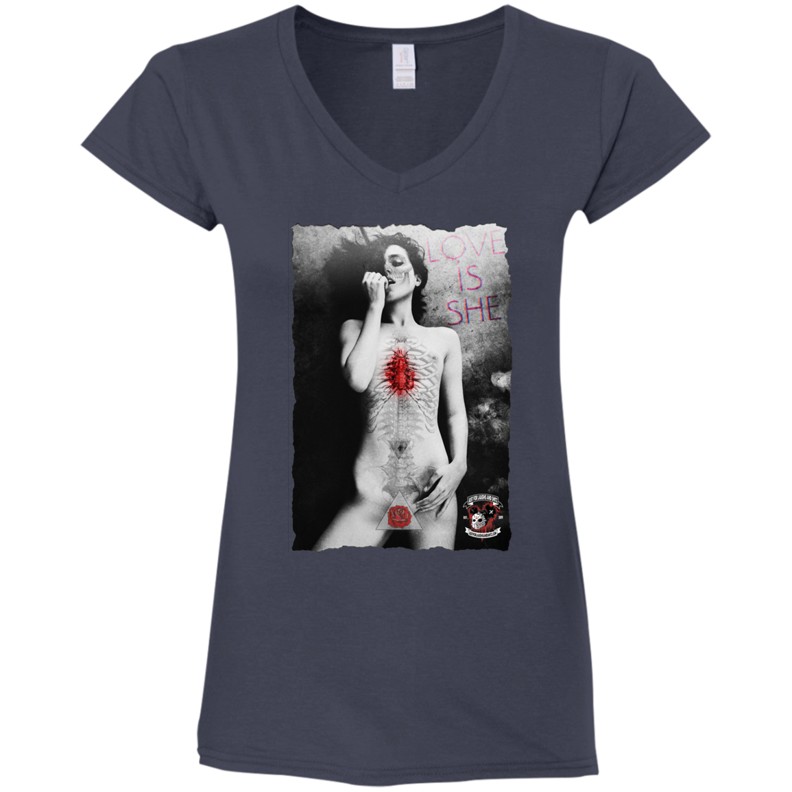 "LOVE IS SHE" Ladies' Fitted Softstyle 4.5 oz V-Neck T-Shirt