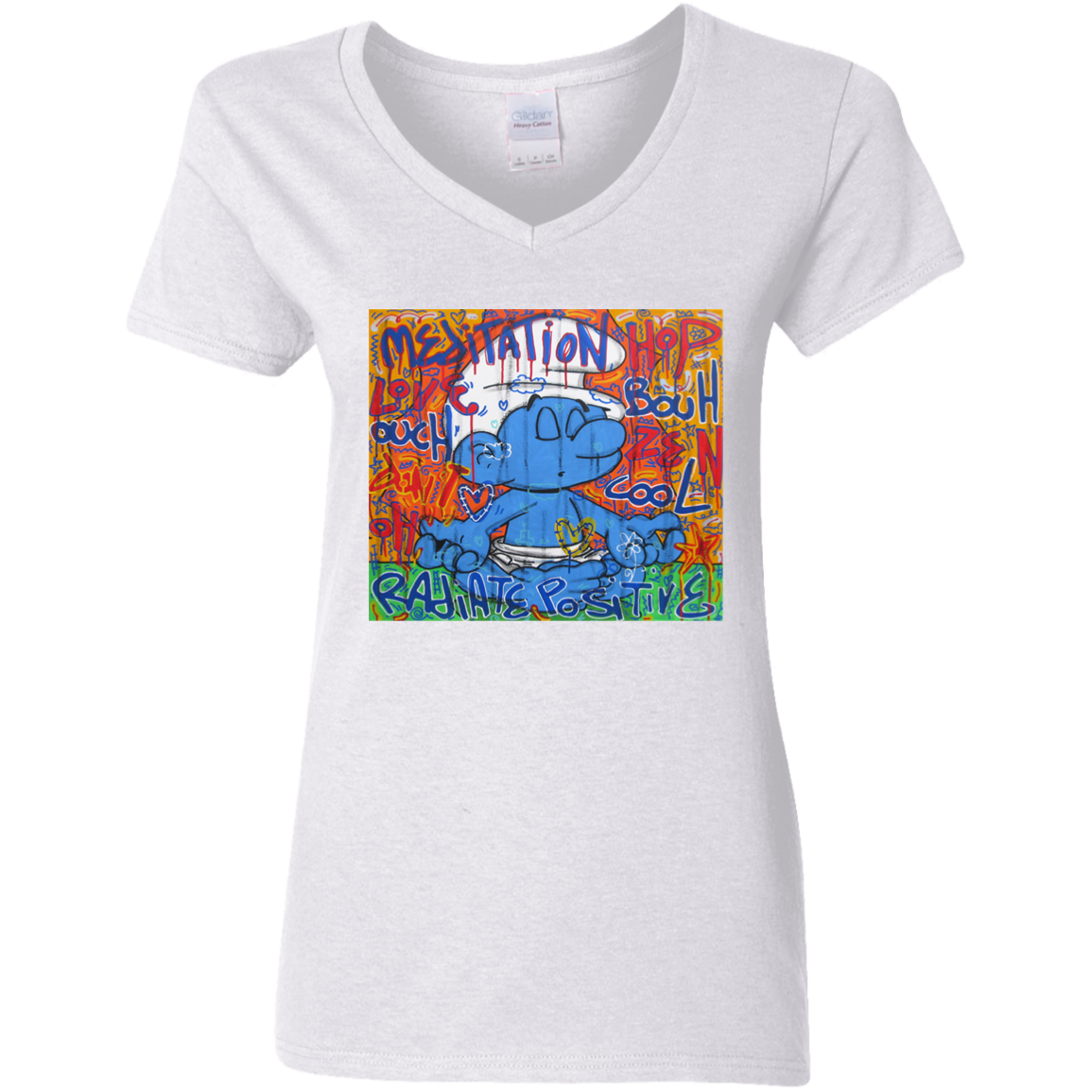 "MEDITATION SMURF" Ladies' 5.3 oz. V-Neck T-Shirt