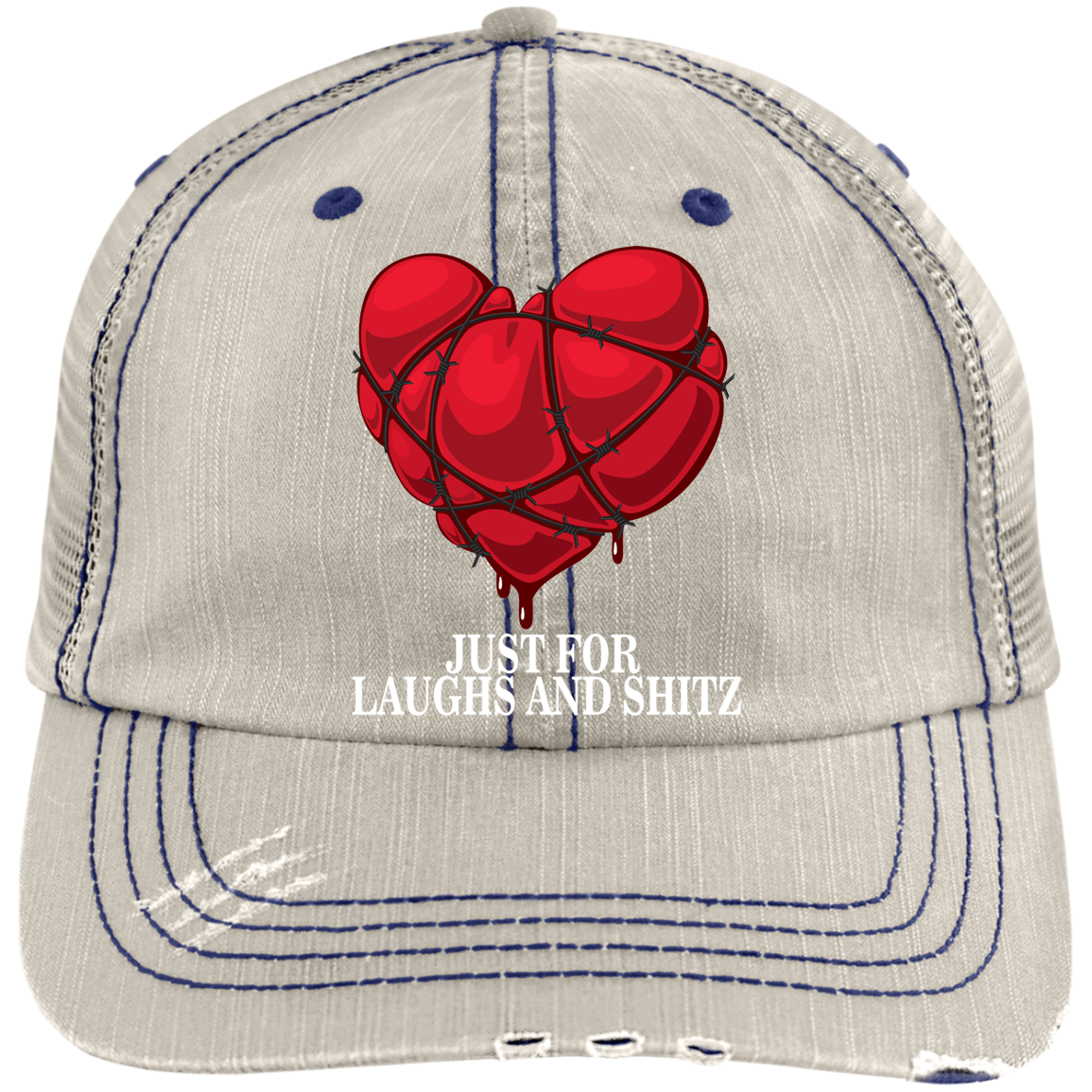 "MY BLOODY HEART" in white print Distressed Unstructured Trucker Cap