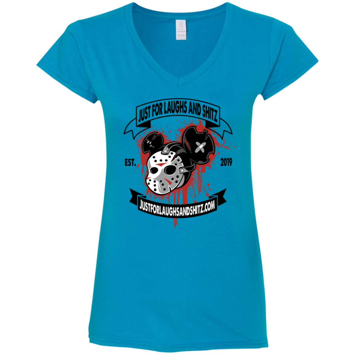 "MICKEY MASK" with black banner Ladies' Fitted Softstyle 4.5 oz V-Neck T-Shirt