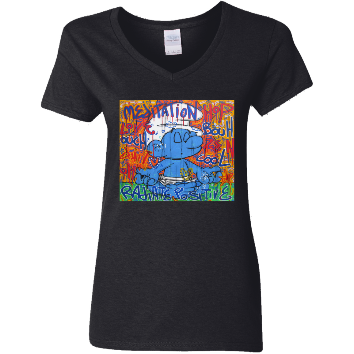 "MEDITATION SMURF" Ladies' 5.3 oz. V-Neck T-Shirt