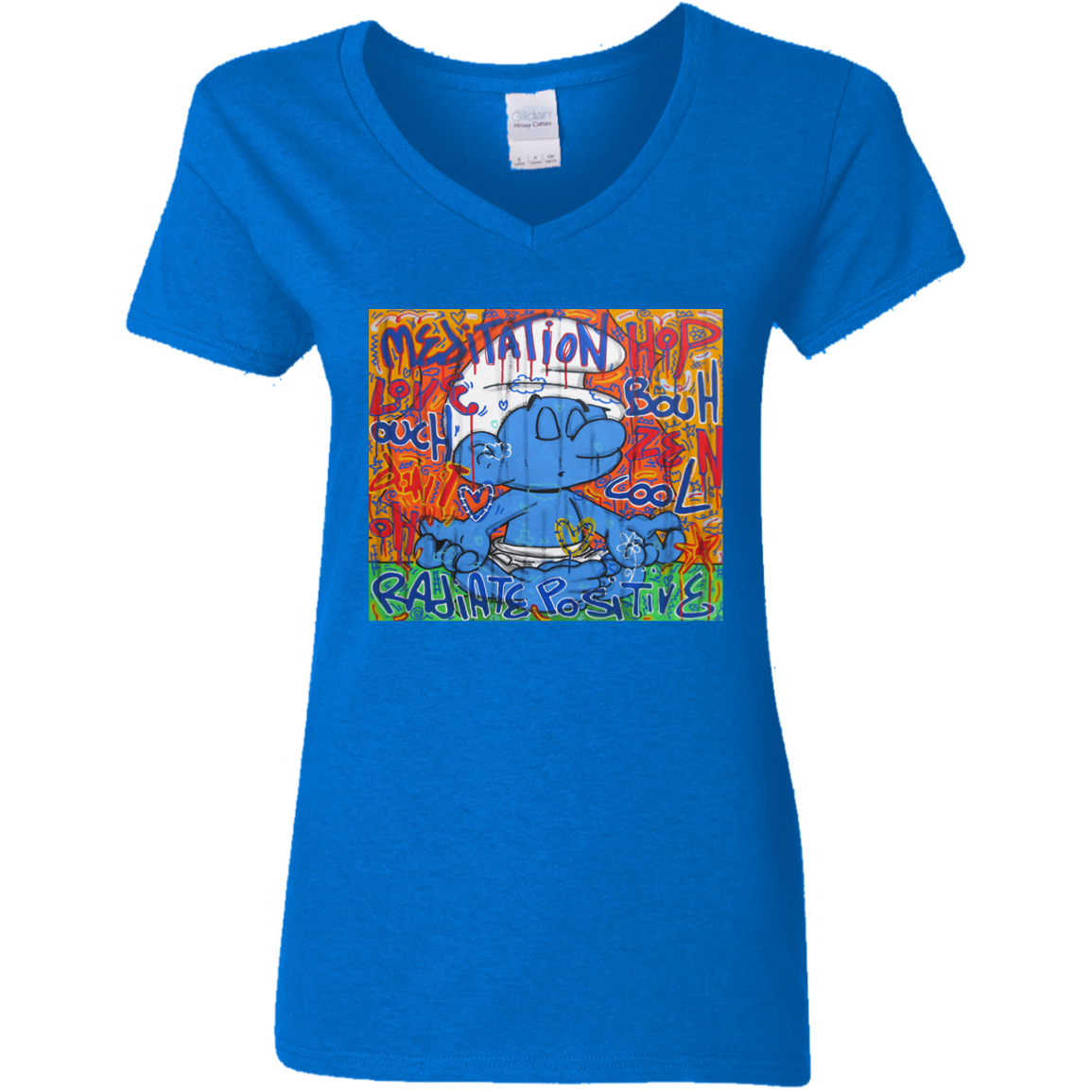 "MEDITATION SMURF" Ladies' 5.3 oz. V-Neck T-Shirt