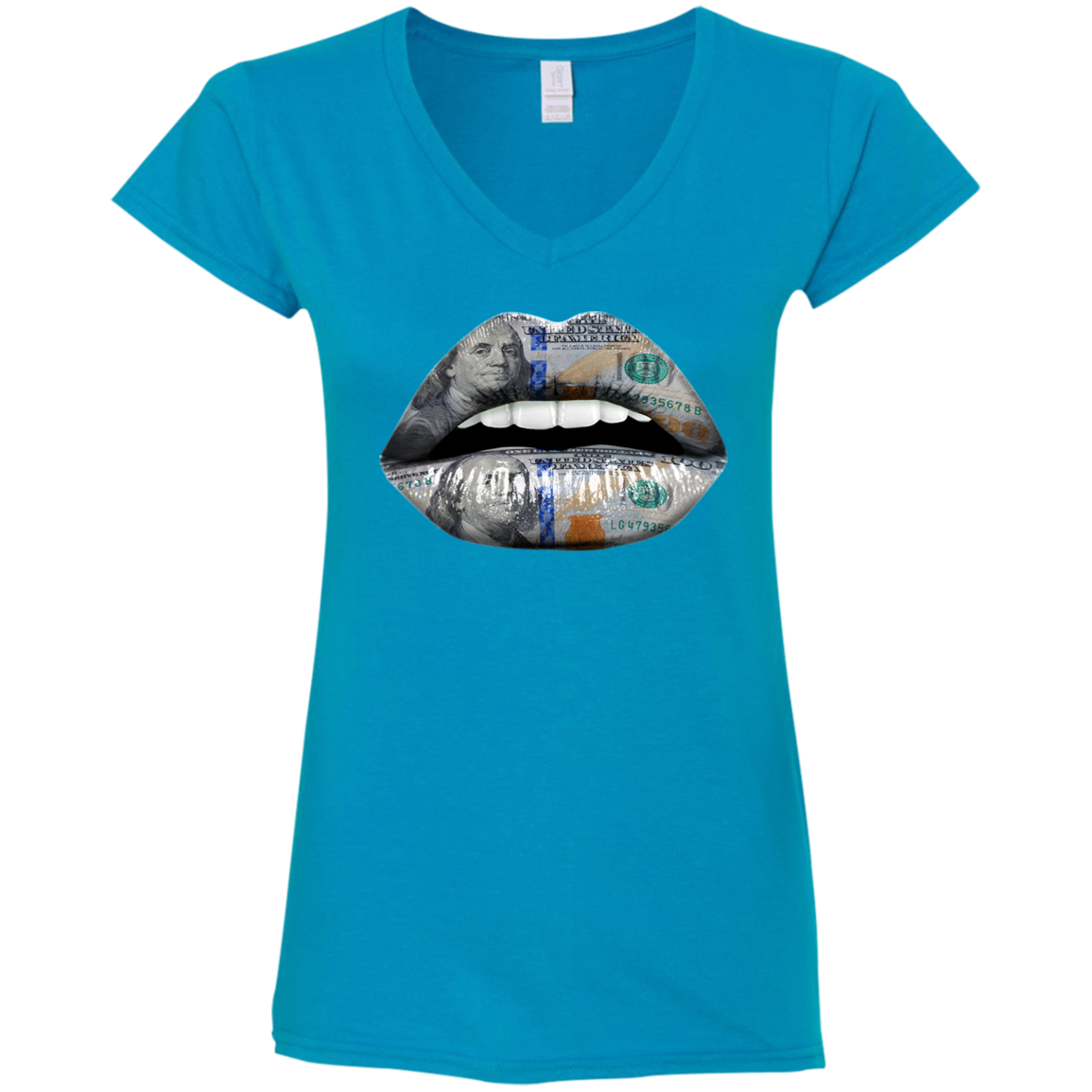 "100 DOLLAR LIPS" Ladies' Fitted Softstyle 4.5 oz V-Neck T-Shirt