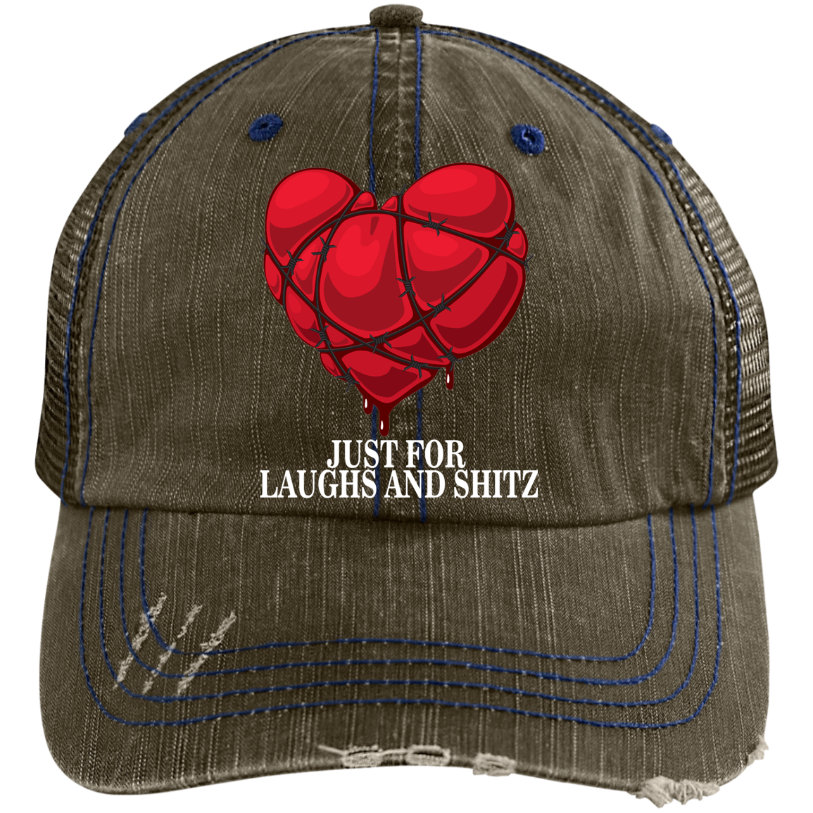 "MY BLOODY HEART" in white print Distressed Unstructured Trucker Cap