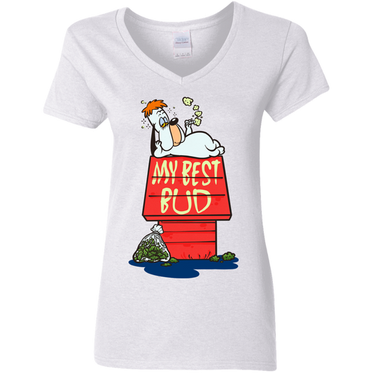 "MY BEST BUD" Ladies' 5.3 oz. V-Neck T-Shirt