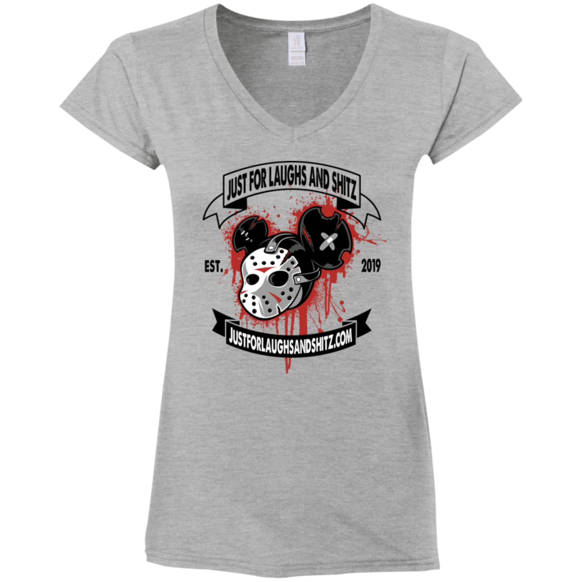 "MICKEY MASK" with black banner Ladies' Fitted Softstyle 4.5 oz V-Neck T-Shirt