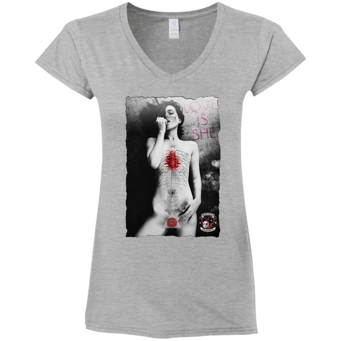 "LOVE IS SHE" Ladies' Fitted Softstyle 4.5 oz V-Neck T-Shirt