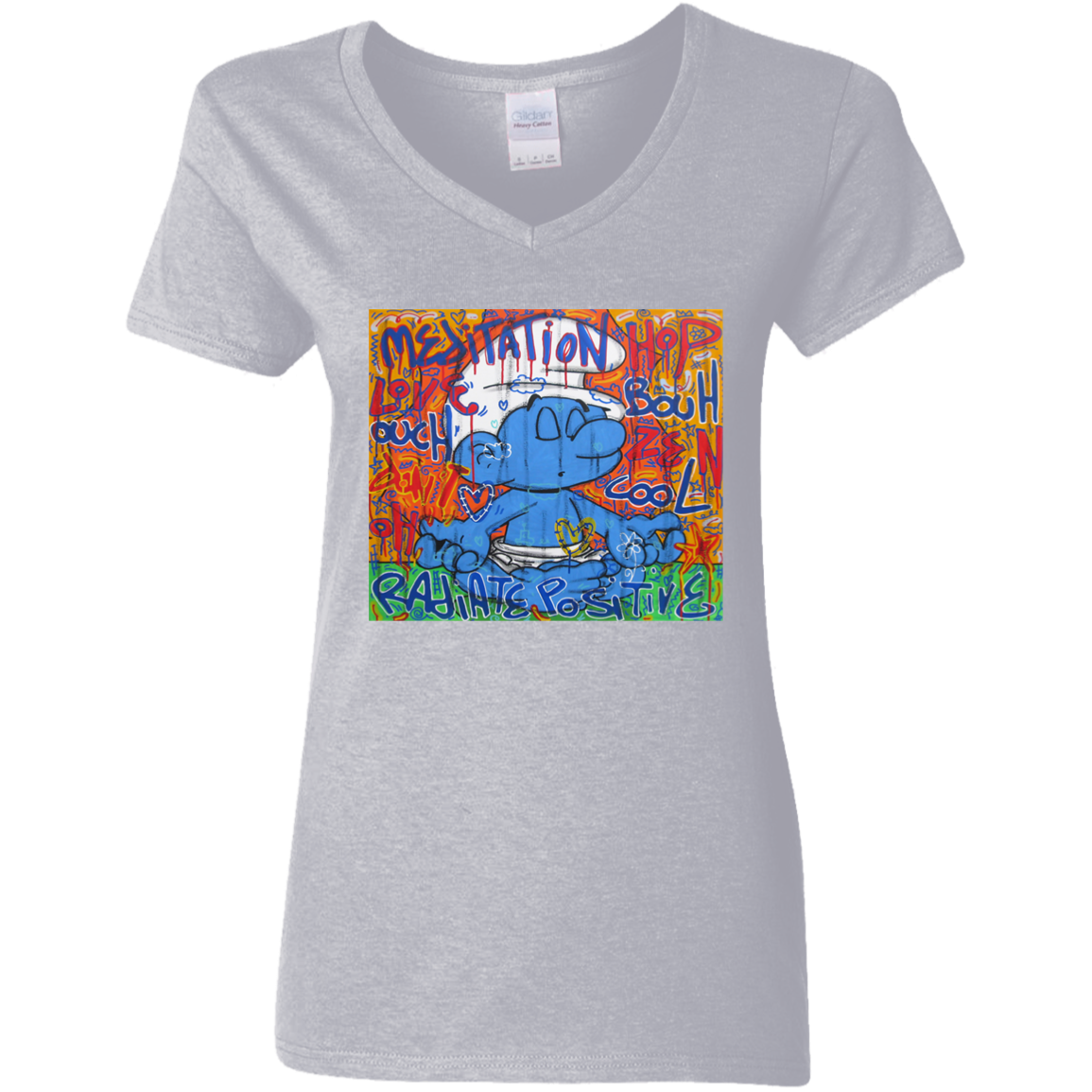 "MEDITATION SMURF" Ladies' 5.3 oz. V-Neck T-Shirt