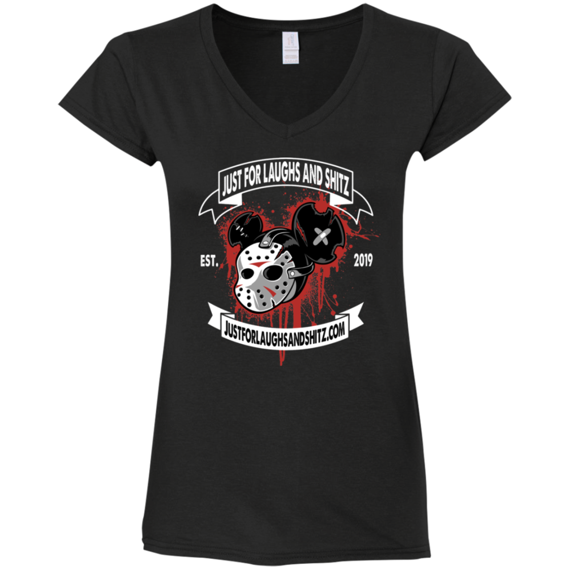 "MICKEY MASK" with white banner Ladies' Fitted Softstyle 4.5 oz V-Neck T-Shirt