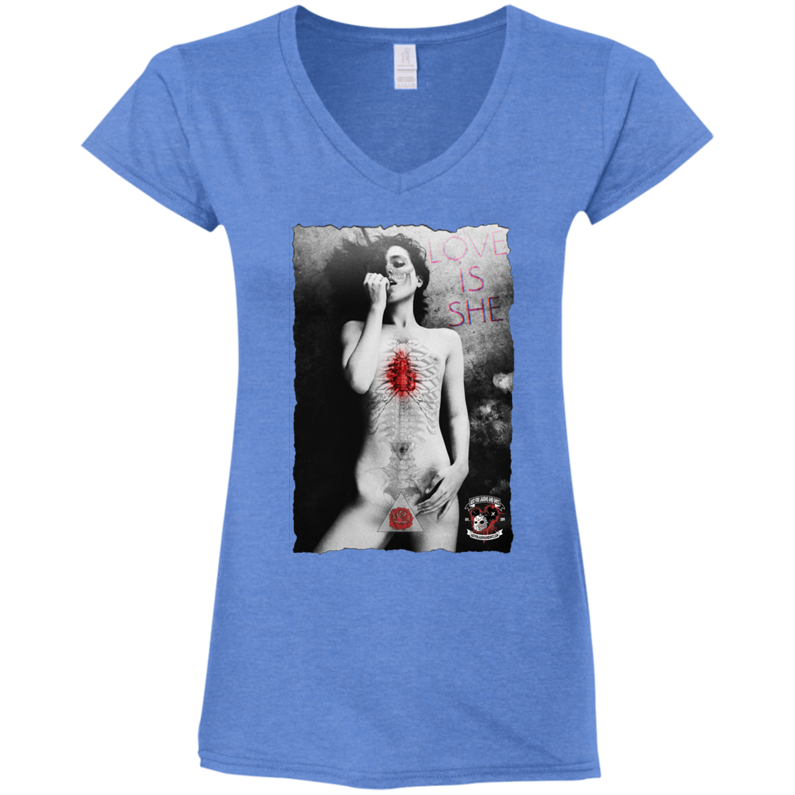 "LOVE IS SHE" Ladies' Fitted Softstyle 4.5 oz V-Neck T-Shirt