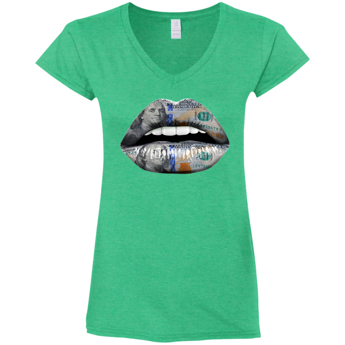 "100 DOLLAR LIPS" Ladies' Fitted Softstyle 4.5 oz V-Neck T-Shirt