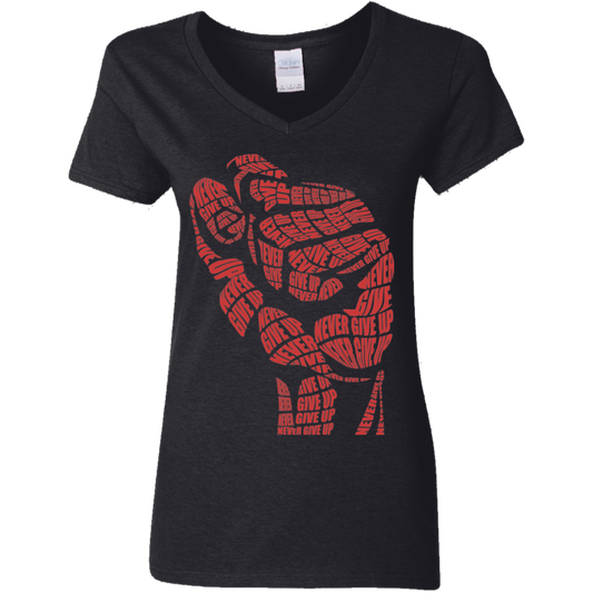 "NEVER GIVE UP" Ladies' 5.3 oz. V-Neck T-Shirt