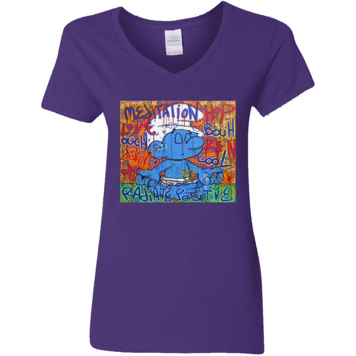 "MEDITATION SMURF" Ladies' 5.3 oz. V-Neck T-Shirt